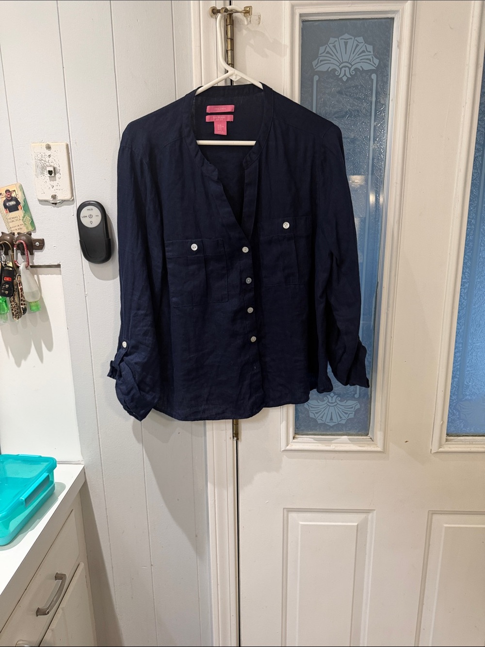 Isaac Mizrahi Navy Button-Front Long-Sleeve Shirt